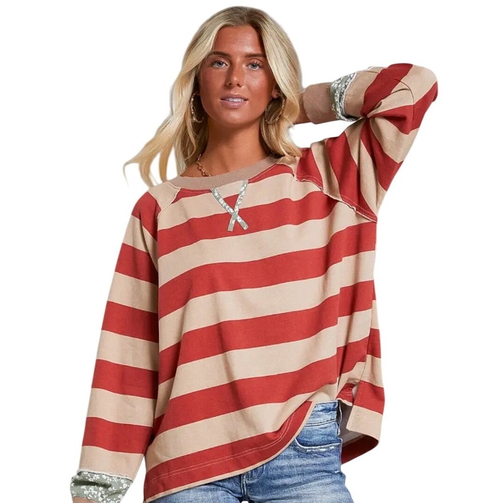 BKE Womens Red Tan Striped French Terry Floral Mixed Media Top BT1038 Medium